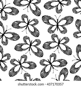 Seamless pattern with butterflies. Black and white background.