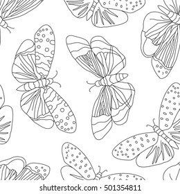 Seamless pattern with butterflies in black and white colors