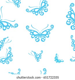 Seamless pattern with butterflies blue color on white. Vector illustration