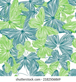 Seamless pattern butterflies blue and green. Vector illustration