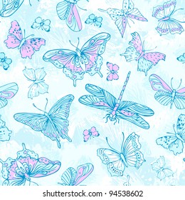 Seamless pattern with butterflies in blue and pink