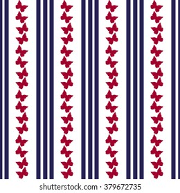 Seamless Pattern With Butterflies and Blue Stripes on a White Background. Navy Style. Surface Pattern Design for Printing All Over, Textile Design.