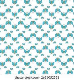 Seamless Pattern of Butterflies in Blue With Yellow Accents on White Background
