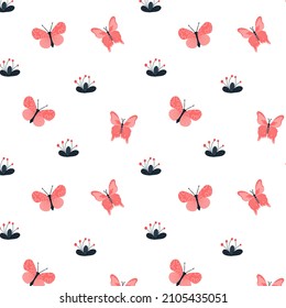 Seamless pattern with butterflies and botanical elements. Vector pattern in cartoon style. For clothing, fabric, wallpaper and all prints on a white background