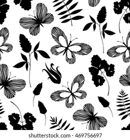 Seamless pattern with butterflies and branches. Design artistic element for card, print, wallpaper.