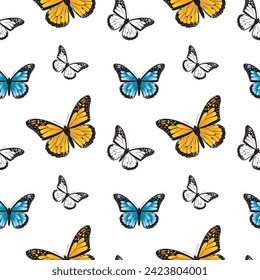 Patrón sin foco de mariposas. El monarca de la mariposa. Mariposas sobre fondo blanco. Mariposa azul. Patrón sin fisuras en el gráfico vectorial.