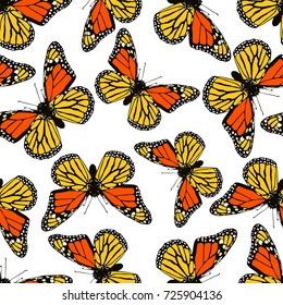 Seamless Pattern With Butterflies. Butterfly Monarch Pattern On A Simple Background. Wings Of Butterflies Vector Pattern On White Background.