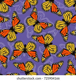 Seamless pattern with butterflies. Butterfly monarch pattern on a simple background. Wings of butterflies vector pattern on a lilac background.