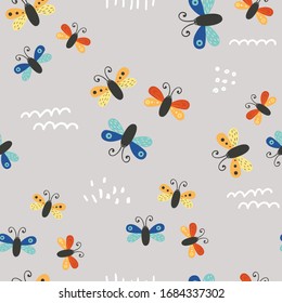 Seamless pattern with butterflies. Cartoon design for clothing, nursery wall art, baby bedding and card.