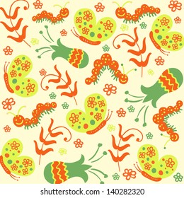 Seamless pattern with butterflies and caterpillars