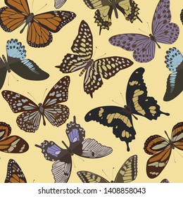 Seamless pattern. Butterflies. Color print.