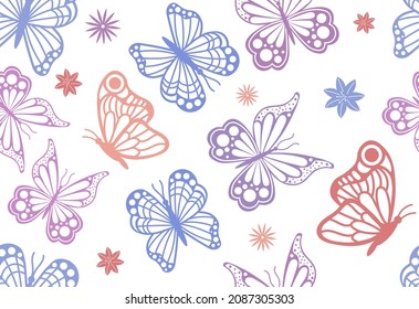 Seamless pattern with butterflies. Colorful poster with small flowers and insects with beautiful wings. Print design element on paper, fabric, or clothing. Cartoon modern flat vector illustration