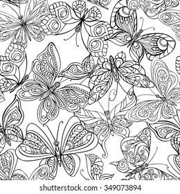 Patrón transparente con mariposas.Libro de Colores para niños mayores y adultos.Página colorear. Dibujo de esquema