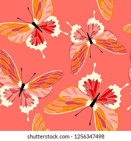 Seamless pattern with butterflies, coral color design. Vector butterfly background.
