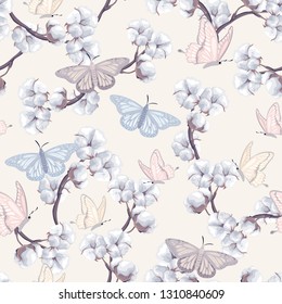 seamless pattern with butterflies and cotton flowers