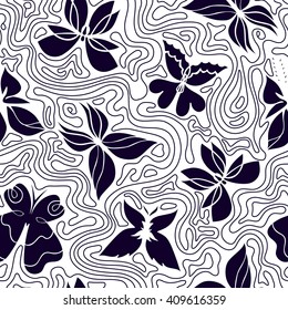 Seamless pattern with butterflies and curly lines, black and white background, EPS 8