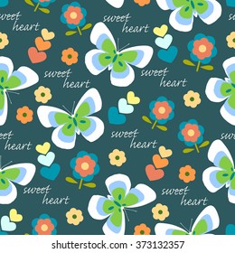 Seamless pattern butterflies, daisies and hearts