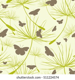 Seamless pattern with butterflies and dandelion seeds isolated on background.