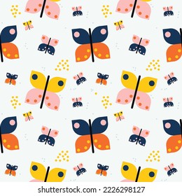 Seamless pattern with butterflies design and hand drawn elements. Seamless fashion trendy fabric texture. Vector wallpaper. Illustration of seamless textile background, pattern summer.