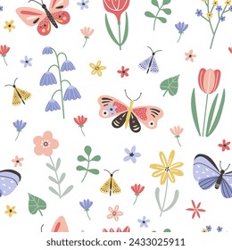 Seamless pattern with butterflies and different flowers