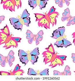 Seamless pattern with butterflies in different shades of pink and purple on a white background.