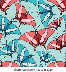 Seamless pattern with butterflies. Butterflies of different sizes hover in different directions. Red and blue butterflies on a delicate solid background. 
