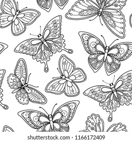 Seamless pattern with butterflies in doodle style. Floral, ornate, decorative, tribal summer nature. Black and white background. Zentangle hand drawn coloring book page