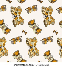 Seamless pattern with butterflies in doodle style. Vector illustration. 