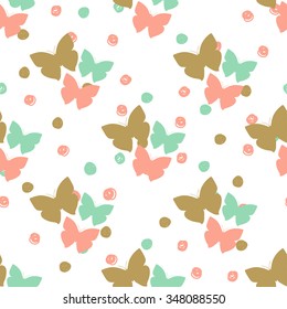 Patrón sin foco con mariposas y puntos.  Se puede utilizar para el diseño de textiles, papel pintado, web, tarjetas de felicitación y scrapbooking