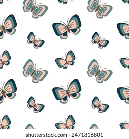 Seamless pattern, butterflies, dragonflies and moths, pastel colors. Background, print, textile, vector