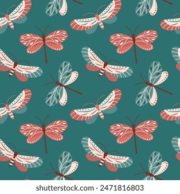Seamless pattern, butterflies, dragonflies and moths, pastel colors. Background, print, textile, vector
