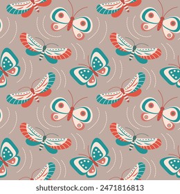 Seamless pattern, butterflies, dragonflies and moths, pastel colors. Background, print, textile, vector