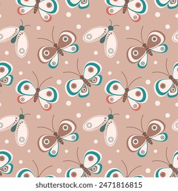 Seamless pattern, butterflies, dragonflies and moths, pastel colors. Background, print, textile, vector