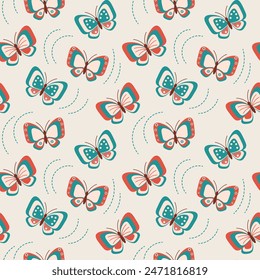 Seamless pattern, butterflies, dragonflies and moths, pastel colors. Background, print, textile, vector