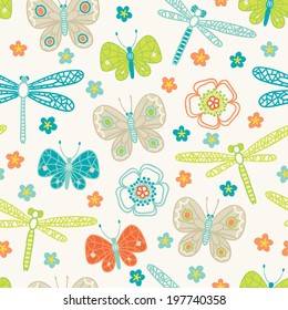 Seamless pattern with butterflies and dragonflies. Perfect for wallpapers, pattern fills, web page backgrounds, surface textures, textile, wrapping papers. 