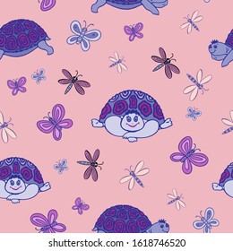Seamless pattern with butterflies, dragonflies and turtles in lilac and pink tones. Funny children's vector illustration. It can be used for decorating children's rooms, prints, and other designs.