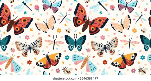 Seamless pattern with butterflies, dragonflies and wildflowers. Colorful design for textile, wrapping paper or summer themed products. Vector illustration on light background, hand drawn, flat