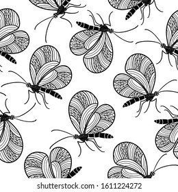 Seamless pattern with butterflies drawn black lines on a white background.