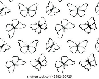 Seamless pattern with butterflies drawn in one line. Vector illustration of butterflies of different shapes on a white background ideal for wrapping paper, textiles