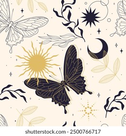 seamless pattern with butterflies and esoteric spiritual elements. 