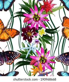 seamless pattern of butterflies and exotic flowers