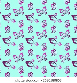 Seamless pattern of butterflies and fish on a light turquoise background, for design and printing on paper and fabric for children.