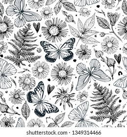 Seamless pattern with butterflies and floral elements. Freehand drawing. Can be used on packaging paper, fabric, background for different images and etc.