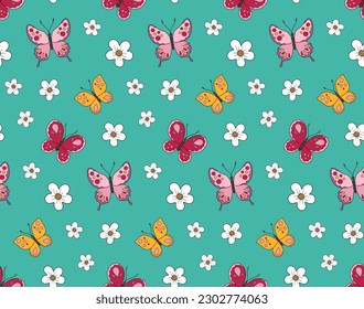 Patrón sin problemas con mariposas y flores