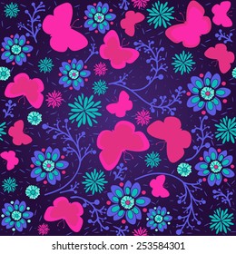 Seamless pattern with butterflies and flowers. 