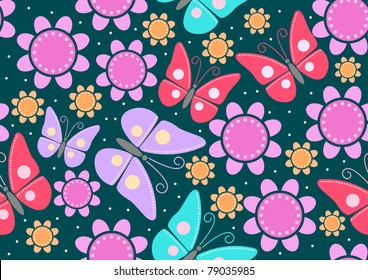 Seamless pattern of butterflies and flowers