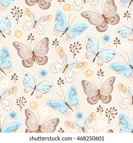 Seamless pattern with butterflies and flowers blue, yellow, beige and brown colors, vector illustration in vintage style.