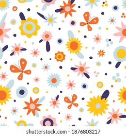 Seamless pattern with butterflies and flowers. Bright, colorful floral pattern.