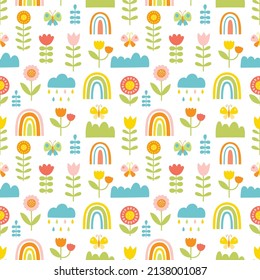 Seamless pattern with butterflies, flowers, clouds and rainbow. Vector illustration in hand drawn cartoon style.