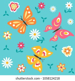 Seamless pattern with butterflies and flowers. Colorful background for spring and summer design. Vector colored endless texture.